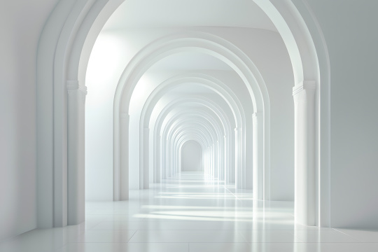 光线昏暗的走廊有通向光明的拱门和柱子