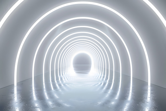 白色的房间里有一条光线昏暗的隧道里面有白