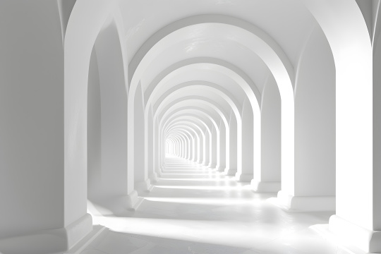 一间白色房间灯光昏暗有拱门和柱子的走廊