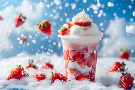 雪地上有一杯冰淇淋和草莓