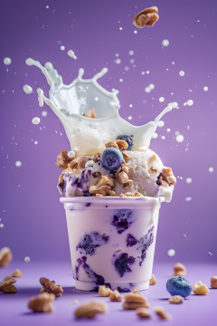 蓝莓和坚果的阿拉菲落入一杯酸奶中