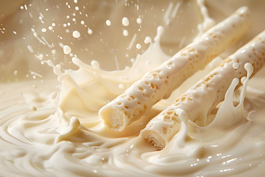 用两勺将奶油倒入一碗牛奶中