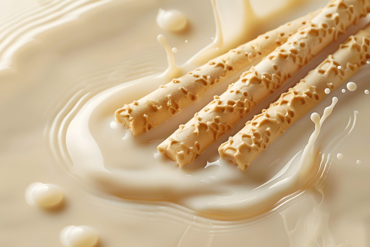 把棒子浸入牛奶中上面加一点液体