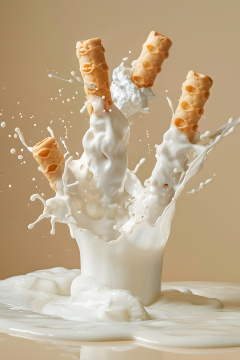 阿拉夫利制作的冰淇淋甜筒被扔进牛奶飞溅中