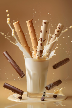 巧克力棒放在一杯牛奶中加入巧克力和奶油