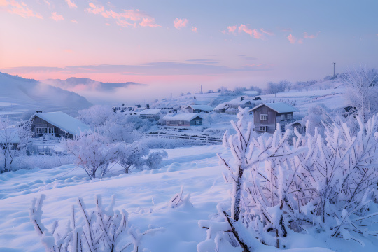 远处有一座小村庄和几棵树的雪景