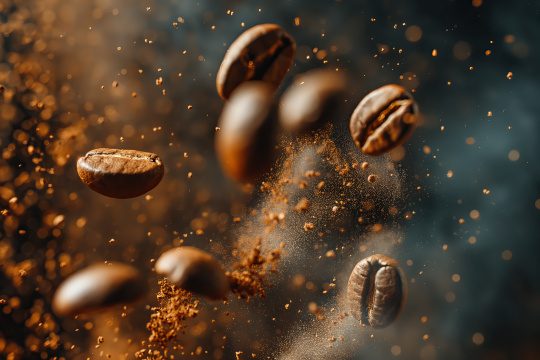 咖啡豆碎粒随灰尘落入空中