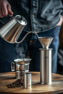 有人将不锈钢咖啡壶中的咖啡倒入咖啡壶中