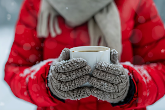 有人在雪地里手里拿着一杯咖啡