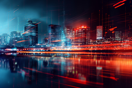 一张城市夜景图片一列火车驶过