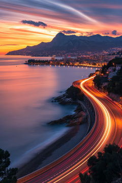 高速公路的阿拉夫视图长时间曝光海洋