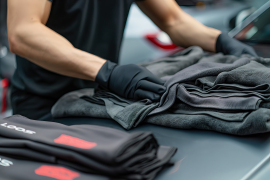 有人在放满衣服的桌子上工作