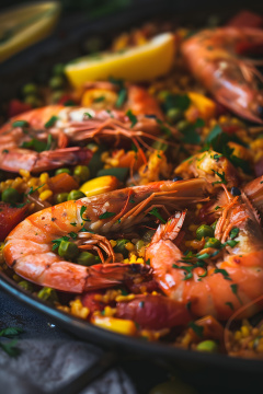 桌子上有一个平底锅,里面有虾和玉米