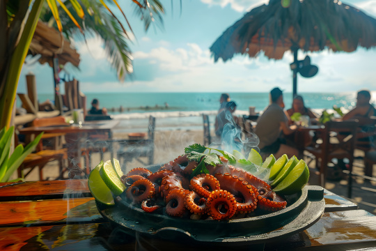 桌子上放着一盘章鱼触手,背景是一片海滩