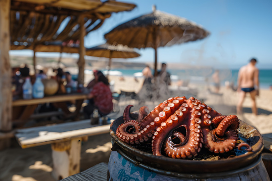 章鱼触手放在海滩桌子上的碗里