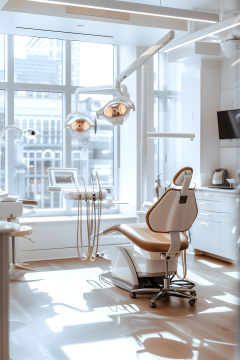 有一张牙医椅在一个有大窗户的房间里