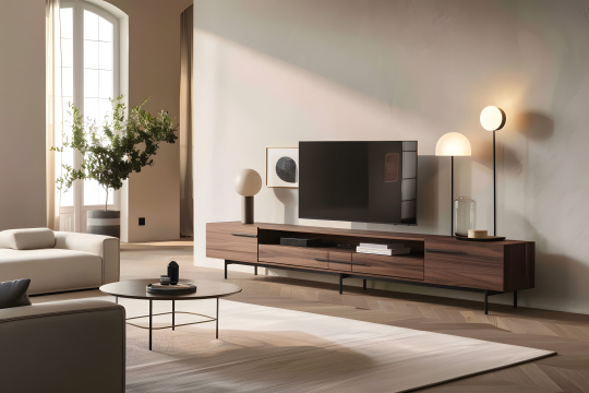 有一个客厅,里面有沙发、桌子和电视