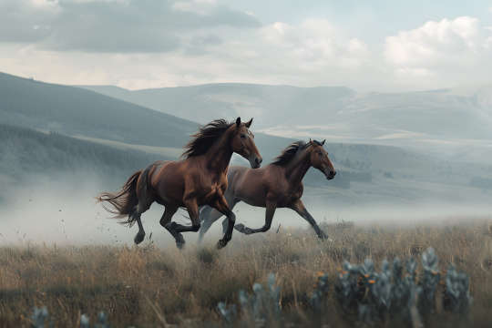 马匹在田野中奔跑,背景是群山
