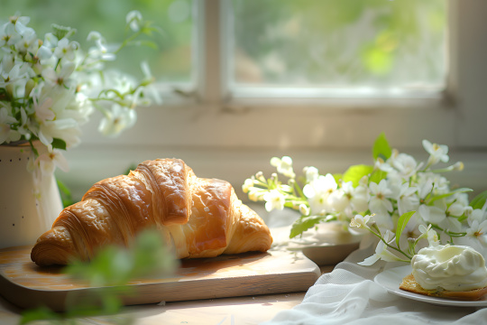 砧板上放着一个羊角面包,旁边是一瓶鲜花