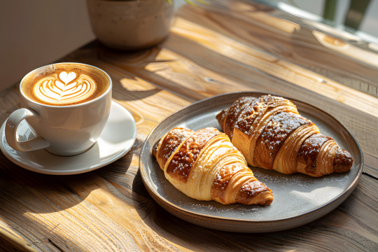 盘子里有两个羊角面包,旁边是一杯咖啡