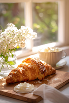 砧板上放着一个羊角面包,旁边是一瓶鲜花