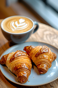 盘子里有两个羊角面包,旁边是一杯咖啡