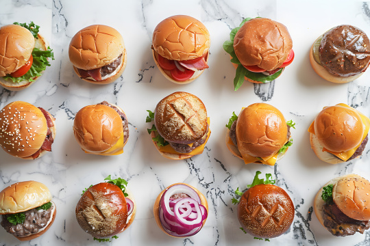 arafed汉堡包摆放在大理石台面上