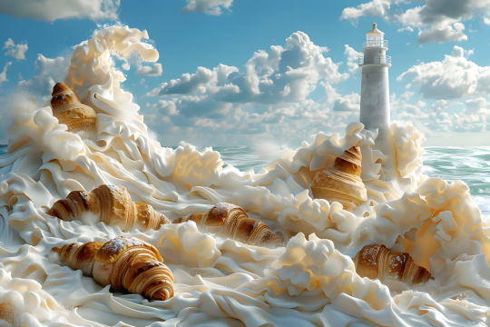 海滩上有很多羊角面包和大海,背景是一座灯塔