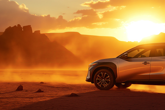 阿拉菲德 SUV 日落时分在沙漠公路上行驶