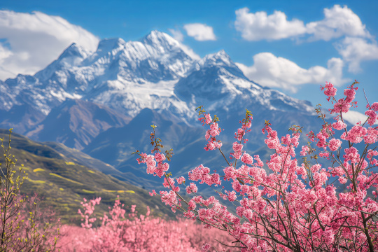 背景是群山,有粉色的花朵和蓝天