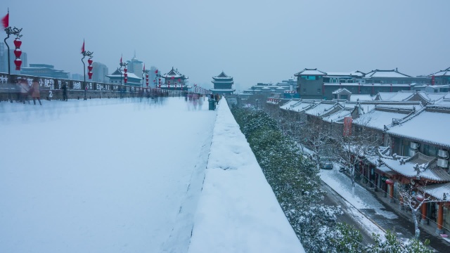 西安城墙雪景 延时视频